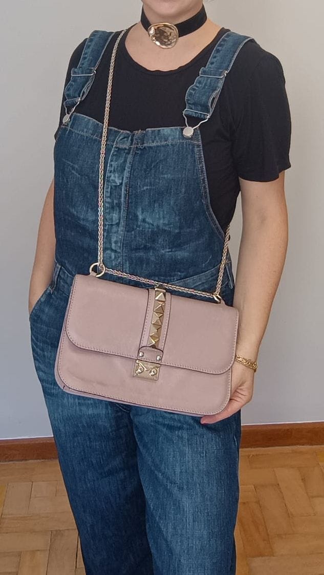 Bolsa Valentino Garavani Glam Lock nude, média