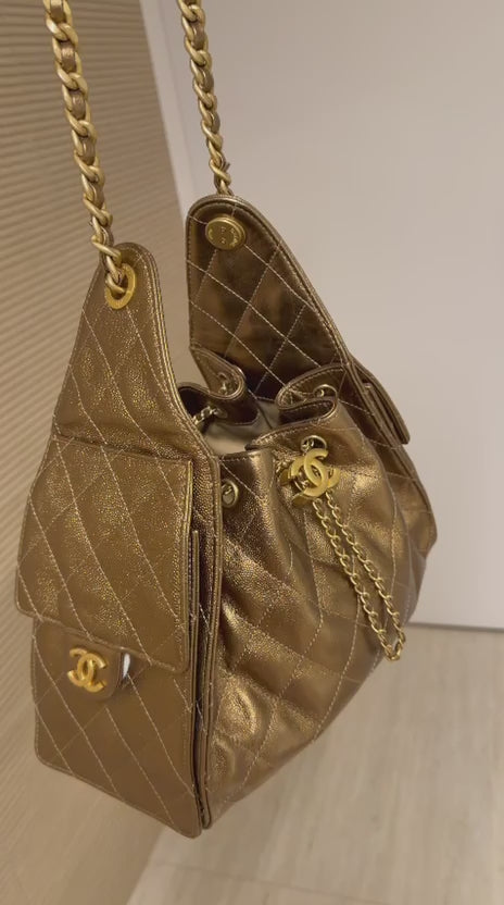 Bolsa Chanel 25, couro caviar, small, bronze